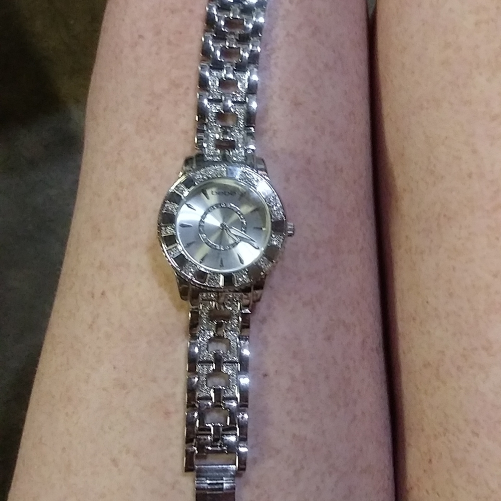 Bebe Rhinestone & Stainless Steel Sparkly Watch For Small Wrist W/Extra Links - Picture 3 of 14